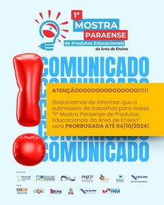 ⚠️ ATENÇÃOOOOOOOOOOOOOOOOO! PRORROGOU!   Gostaríamos de comunicar que o prazo para a submissão de trabalhos para a nossa “1ª Mostra Paraense de Produtos Educacionais da Área de Ensino” será PRORROGADO ATÉ 04/10/2024! O evento integra o "III Encontro de Pesquisa em Educação e Ensino de Ciências na Amazônia” e ocorrerá no dia 07 de novembro de 2024, no Centro de Ciências e Planetário do Pará (CCPPA).  Siga nosso perfil no Instagram @epeeca.uepa  🔗 Faça a submissão de seu trabalho pelo link: https://forms.gle/EUntpzR3p2fXEQcj9  🔗 Quer saber mais sobre o III EPEECA, acesse o site oficial do evento: https://propesp.uepa.br/ppgeeca/epeeca/2024/